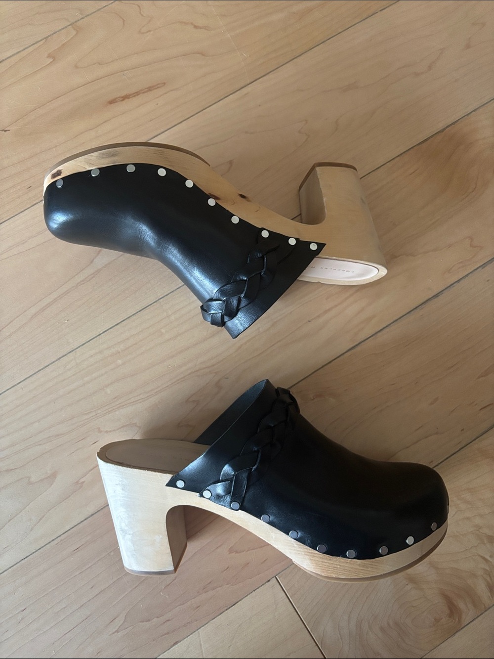 Loeffler Randall Black Leather Braided-Trim Wooden Clogs